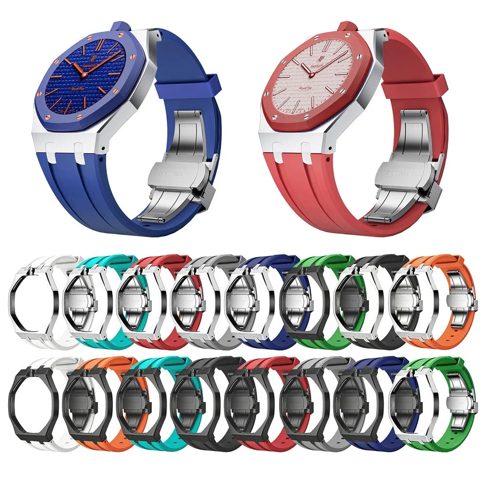 For Swatch Royal Pop Black Metal Case with Silicone Strap Replacement - Black Case + White Band / 3 O'Clock Crown - 2