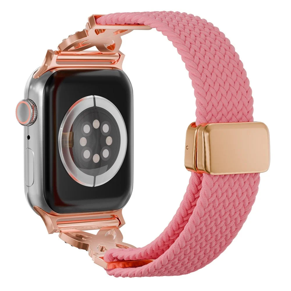 Woven Nylon Band for Apple Watch Series 11 10 42mm  /  9 8 7 41mm  /  SE3 SE2 SE 6 5 4 40mm  /  3 2 1 38mm Magnetic Clasp Strap with Rhinestone Decor - Bright Pink - 1