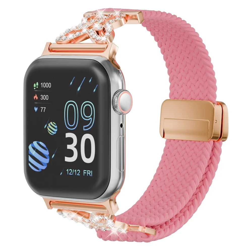 Woven Nylon Band for Apple Watch Series 11 10 42mm  /  9 8 7 41mm  /  SE3 SE2 SE 6 5 4 40mm  /  3 2 1 38mm Magnetic Clasp Strap with Rhinestone Decor - Bright Pink - 2