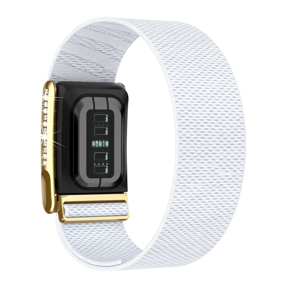 For WHOOP LIFE / WHOOP 5.0 LIFE MG Strap Woven Nylon Elastic Wristband with Rhinestone Decor - White / Gold Frame - 1