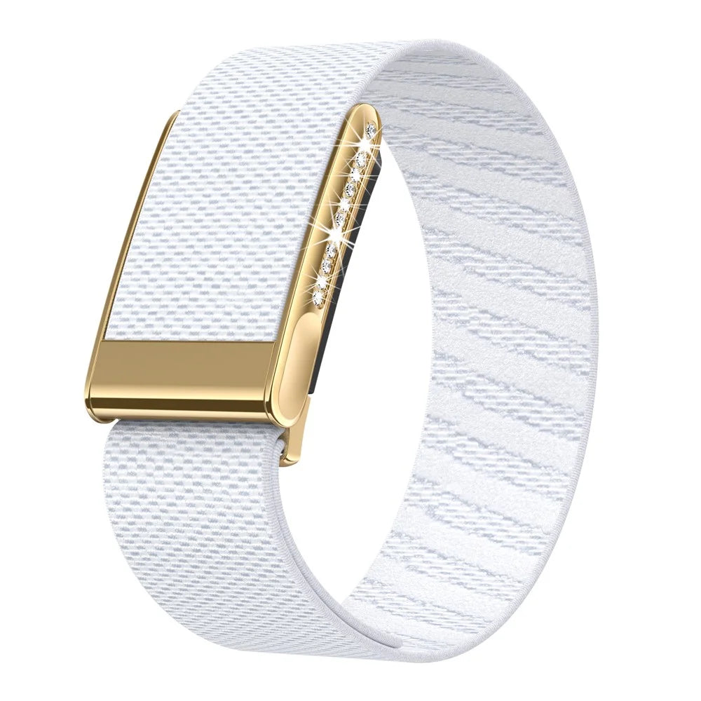 For WHOOP LIFE / WHOOP 5.0 LIFE MG Strap Woven Nylon Elastic Wristband with Rhinestone Decor - White / Gold Frame - 2