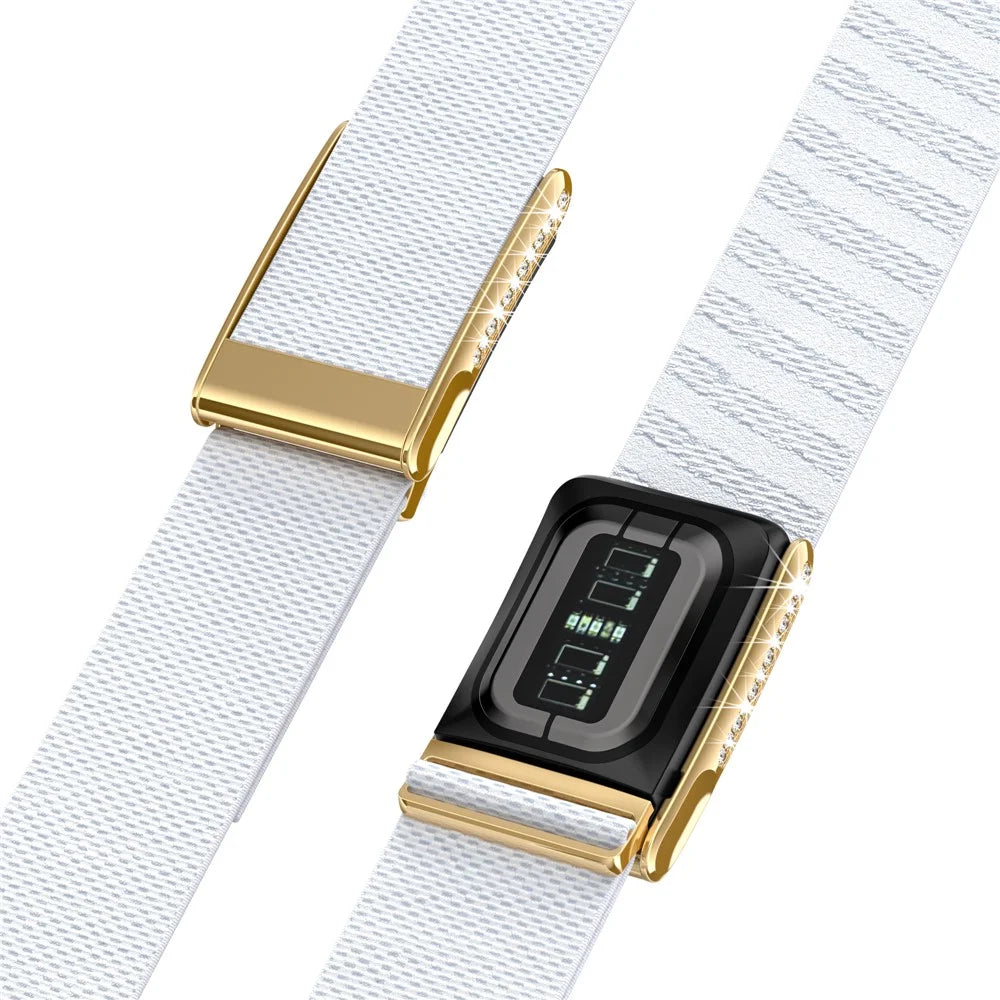 For WHOOP LIFE / WHOOP 5.0 LIFE MG Strap Woven Nylon Elastic Wristband with Rhinestone Decor - White / Gold Frame - 3