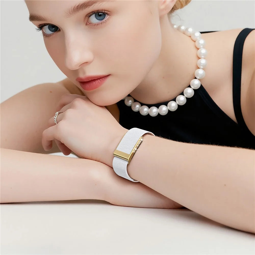 For WHOOP LIFE / WHOOP 5.0 LIFE MG Strap Woven Nylon Elastic Wristband with Rhinestone Decor - White / Gold Frame - 5