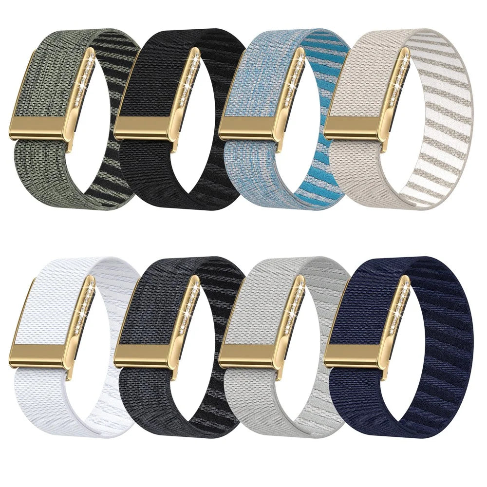 For WHOOP LIFE / WHOOP 5.0 LIFE MG Strap Woven Nylon Elastic Wristband with Rhinestone Decor - White / Gold Frame - 6