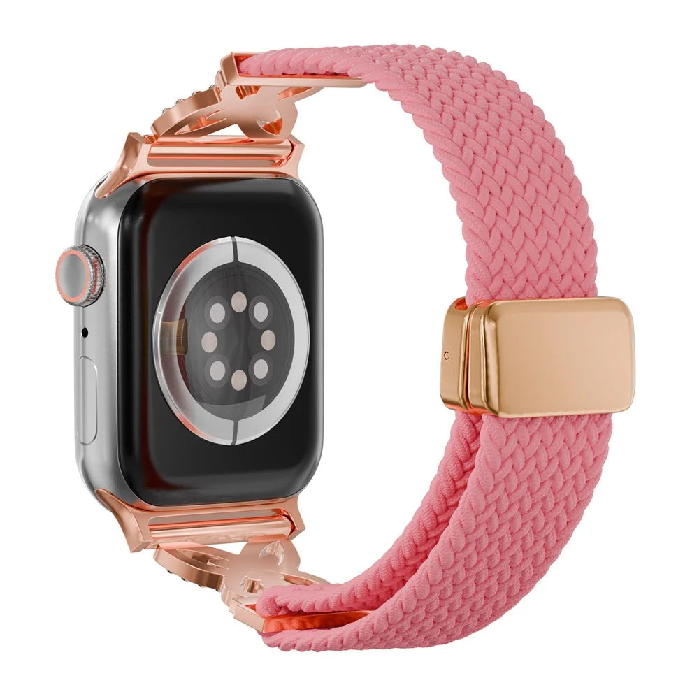 Woven Nylon Band for Apple Watch Ultra 3 2 1 49mm / Series 11 10 46mm / 9 8 7 45mm / SE3 SE2 SE 6 5 4 44mm / 3 2 1 42mm Magnetic Clasp Strap with Rhinestone Decor - Bright Pink - 1