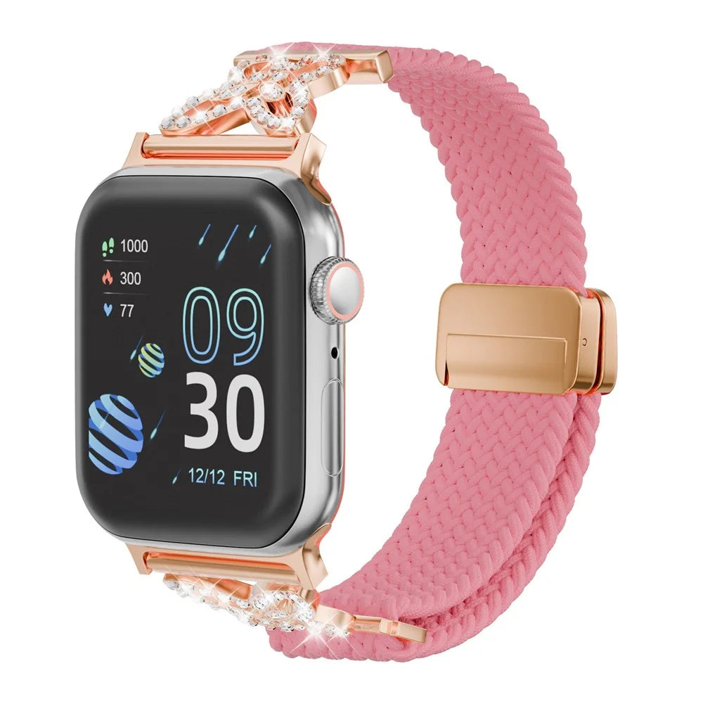 Woven Nylon Band for Apple Watch Ultra 3 2 1 49mm / Series 11 10 46mm / 9 8 7 45mm / SE3 SE2 SE 6 5 4 44mm / 3 2 1 42mm Magnetic Clasp Strap with Rhinestone Decor - Bright Pink - 2