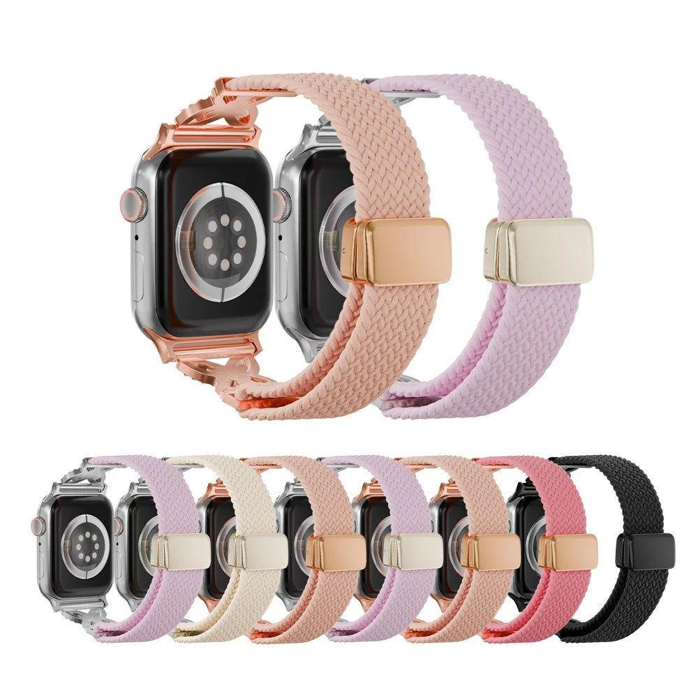 Woven Nylon Band for Apple Watch Ultra 3 2 1 49mm / Series 11 10 46mm / 9 8 7 45mm / SE3 SE2 SE 6 5 4 44mm / 3 2 1 42mm Magnetic Clasp Strap with Rhinestone Decor - Bright Pink - 3