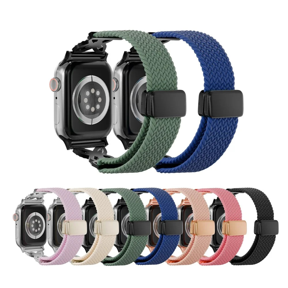 Woven Nylon Band for Apple Watch Ultra 3 2 1 49mm / Series 11 10 46mm / 9 8 7 45mm / SE3 SE2 SE 6 5 4 44mm / 3 2 1 42mm Magnetic Clasp Strap with Rhinestone Decor - Bright Pink - 4