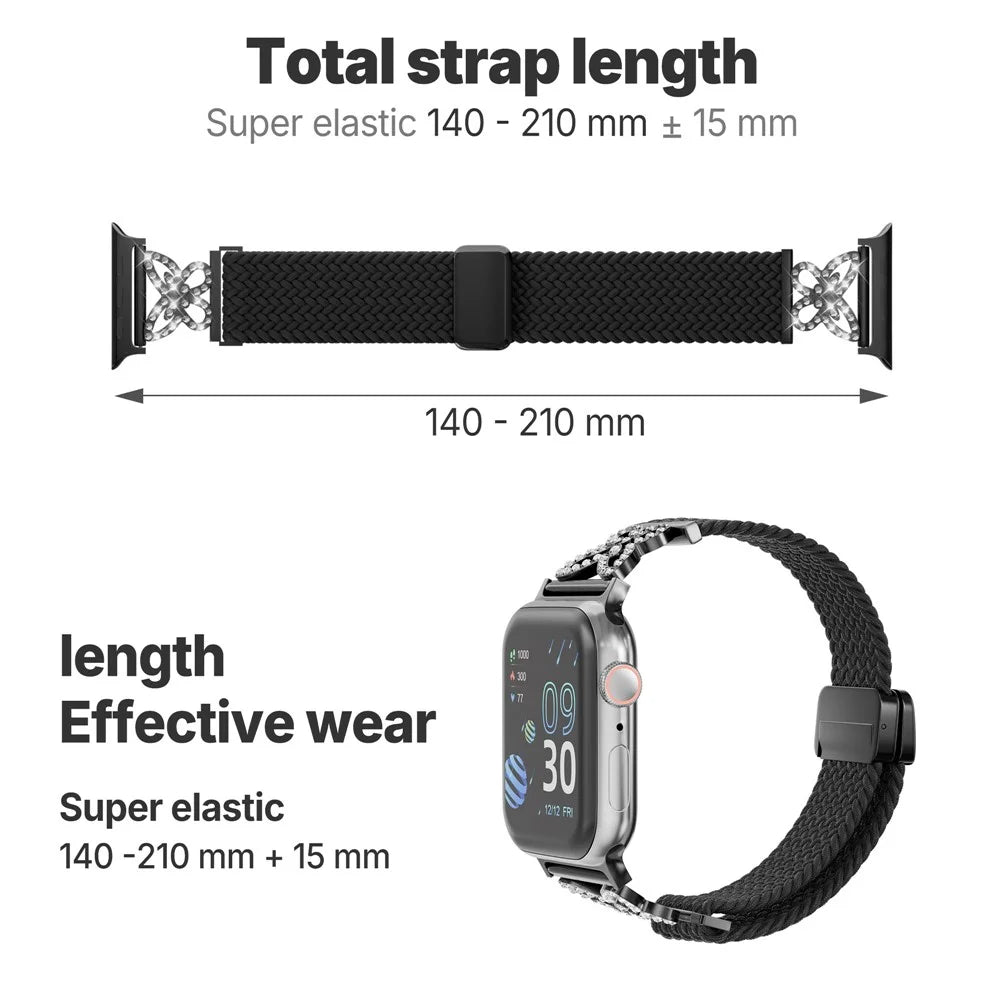 Woven Nylon Band for Apple Watch Ultra 3 2 1 49mm / Series 11 10 46mm / 9 8 7 45mm / SE3 SE2 SE 6 5 4 44mm / 3 2 1 42mm Magnetic Clasp Strap with Rhinestone Decor - Bright Pink - 5