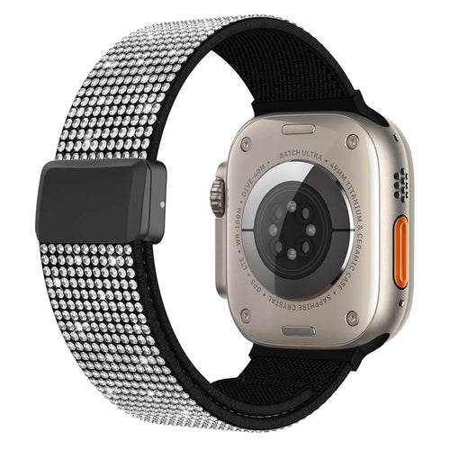 Magnetic Strap for Apple Watch Series 11 10 42mm / 9 8 7 41mm / SE3 SE2 SE 6 5 4 40mm / 3 2 1 38mm Rhinestone Nylon Loop Watch Band - Black / White Rhinestone - 1
