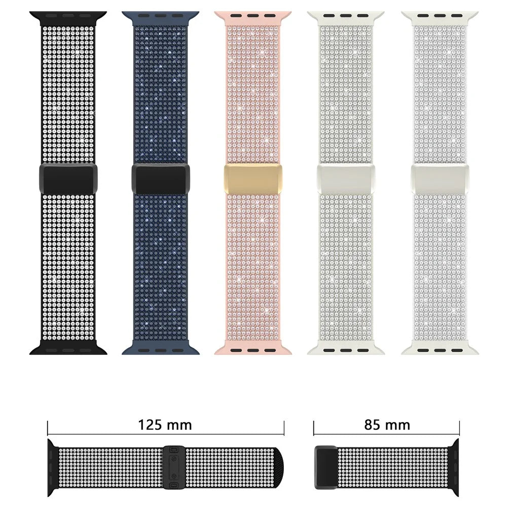 Magnetic Strap for Apple Watch Series 11 10 42mm / 9 8 7 41mm / SE3 SE2 SE 6 5 4 40mm / 3 2 1 38mm Rhinestone Nylon Loop Watch Band - Black / White Rhinestone - 4