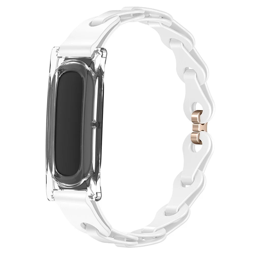 For Google Fitbit Air Silicone Chain Band Hollow Link Strap with Transparent PC Protective Case - White / Rose Gold Buckle - 1