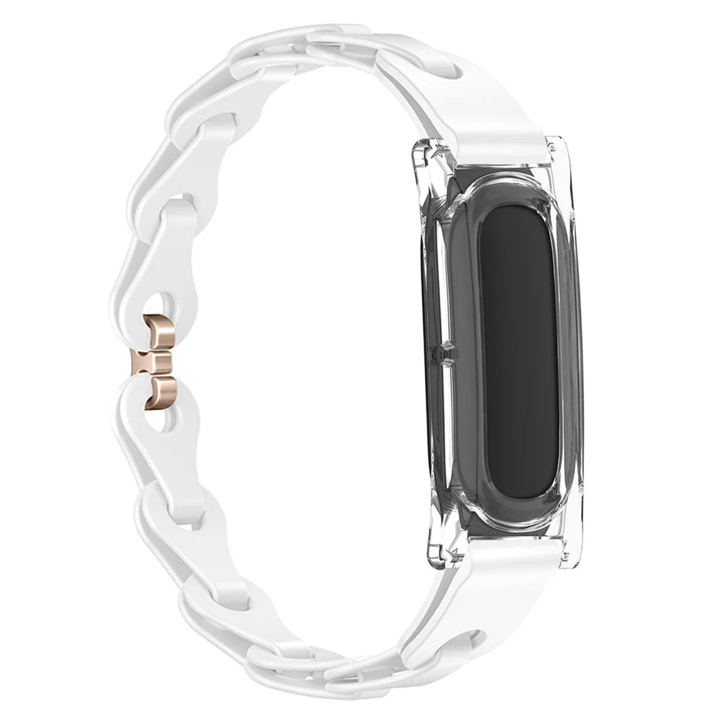 For Google Fitbit Air Silicone Chain Band Hollow Link Strap with Transparent PC Protective Case - White / Rose Gold Buckle - 2