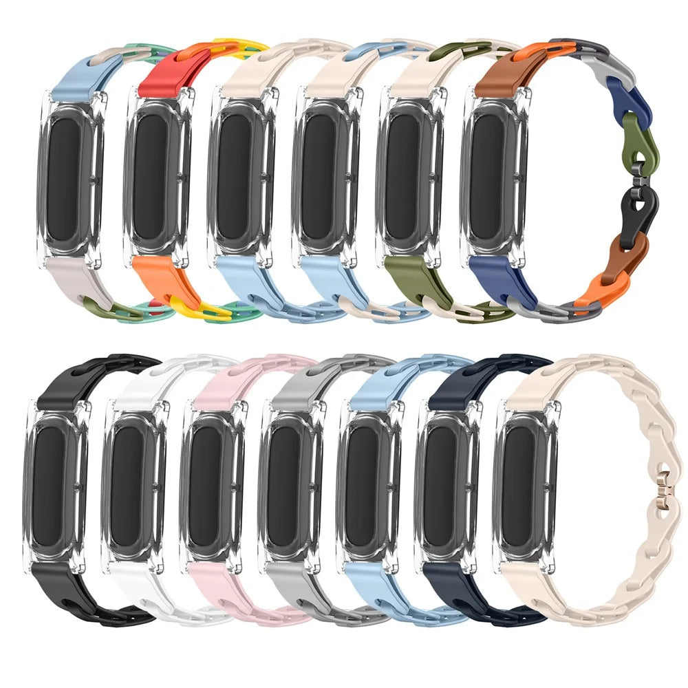 For Google Fitbit Air Silicone Chain Band Hollow Link Strap with Transparent PC Protective Case - White / Rose Gold Buckle - 6