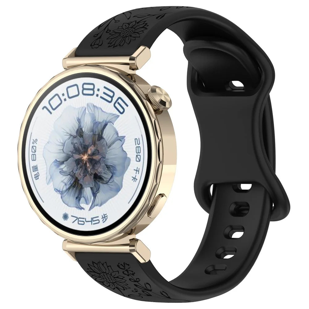 18mm Sunflower Pattern Silicone Strap for Huawei Watch GT 6 41mm / GT 5 41mm / GT 4 41mm Butterfly Buckle Band - Black - 2