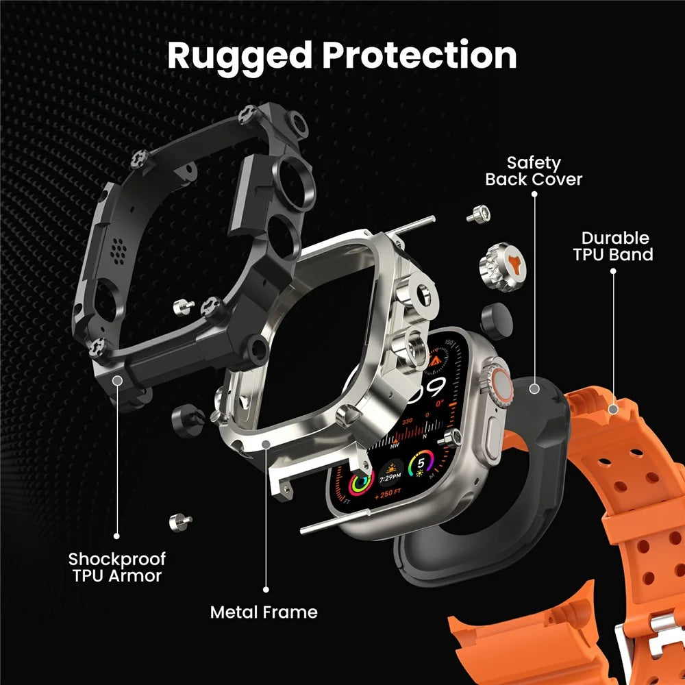 AHASTYLE WE39 Watch Band for Apple Watch Ultra 3 2 1 49mm Metal Frame Cover + TPU Breathable Wrist Strap - Orange Band+Titanium Frame - 2