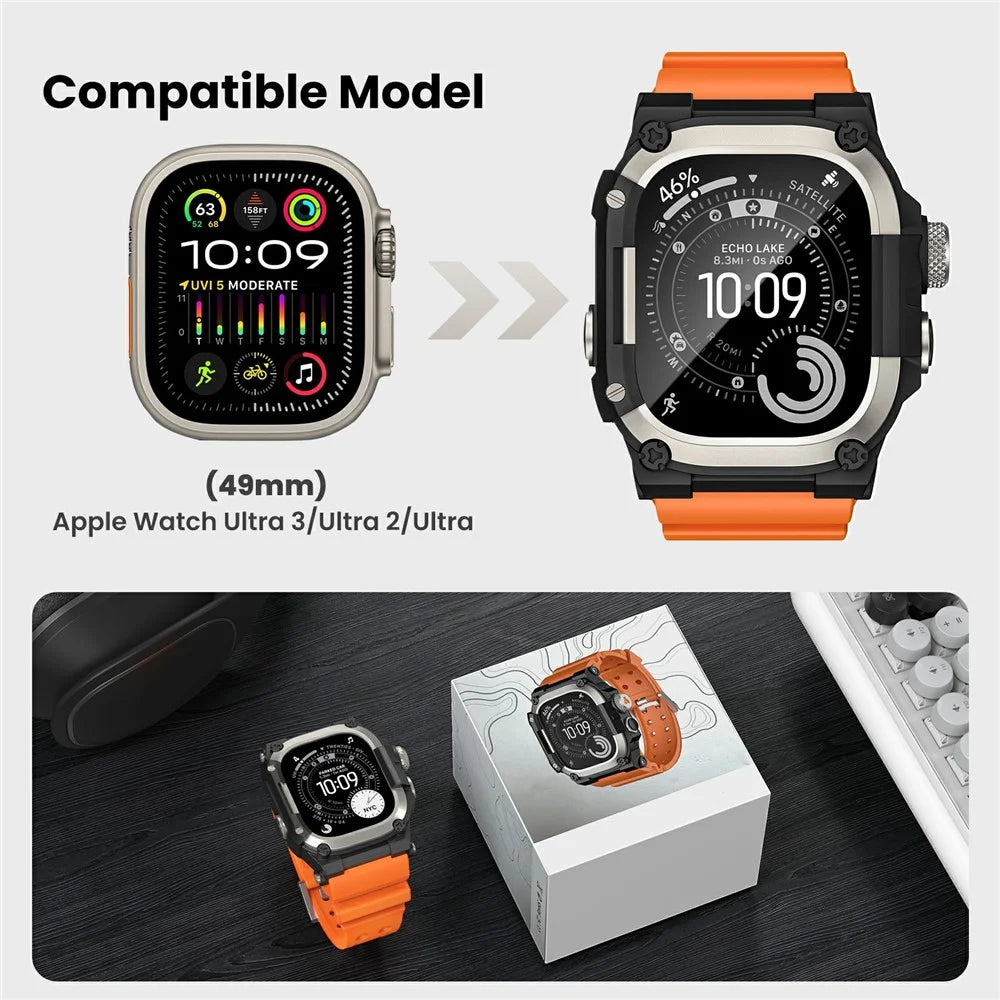 AHASTYLE WE39 Watch Band for Apple Watch Ultra 3 2 1 49mm Metal Frame Cover + TPU Breathable Wrist Strap - Orange Band+Titanium Frame - 7