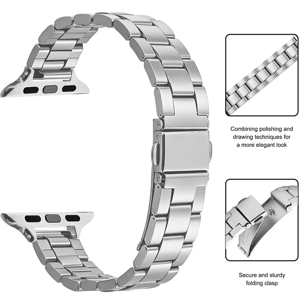 Stainless Steel Band for Apple Watch Series 11 10 42mm / 9 8 7 41mm / SE3 SE2 SE 6 5 4 40mm / 3 2 1 38mm Three-bead Watch Strap with Folding Clasp - Silver - 3