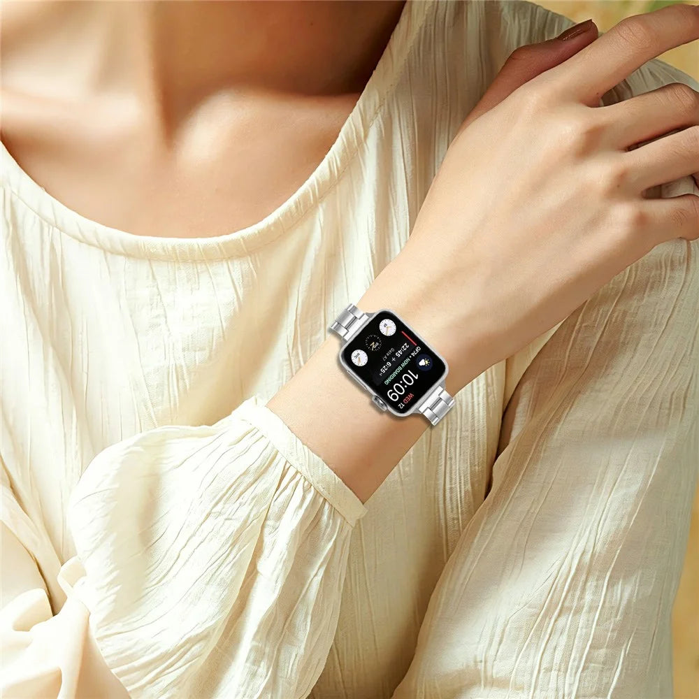 Stainless Steel Band for Apple Watch Ultra 3 2 1 49mm / Series 11 10 46mm / 9 8 7 45mm / SE3 SE2 SE 6 5 4 44mm / 3 2 1 42mm Three-bead Watch Strap with Folding Clasp - Silver - 5