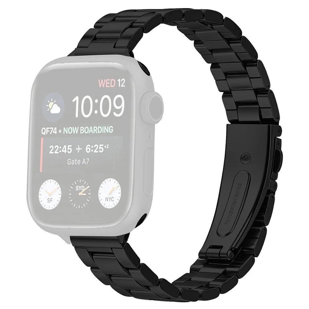 Watch Strap for Apple Watch Ultra 3 2 1 49mm / Series 11 10 46mm / 9 8 7 45mm / SE3 SE2 SE 6 5 4 44mm / 3 2 1 42mm Stainless Steel Three-bead Band with Folding Clasp - Black - 1