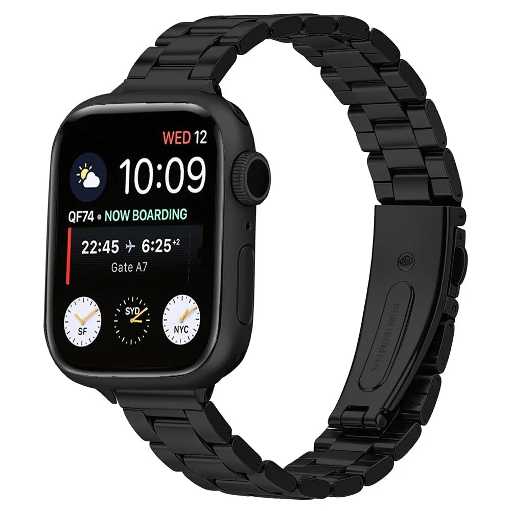 Watch Strap for Apple Watch Ultra 3 2 1 49mm / Series 11 10 46mm / 9 8 7 45mm / SE3 SE2 SE 6 5 4 44mm / 3 2 1 42mm Stainless Steel Three-bead Band with Folding Clasp - Black - 2