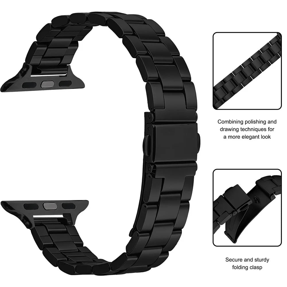 Watch Strap for Apple Watch Ultra 3 2 1 49mm / Series 11 10 46mm / 9 8 7 45mm / SE3 SE2 SE 6 5 4 44mm / 3 2 1 42mm Stainless Steel Three-bead Band with Folding Clasp - Black - 3