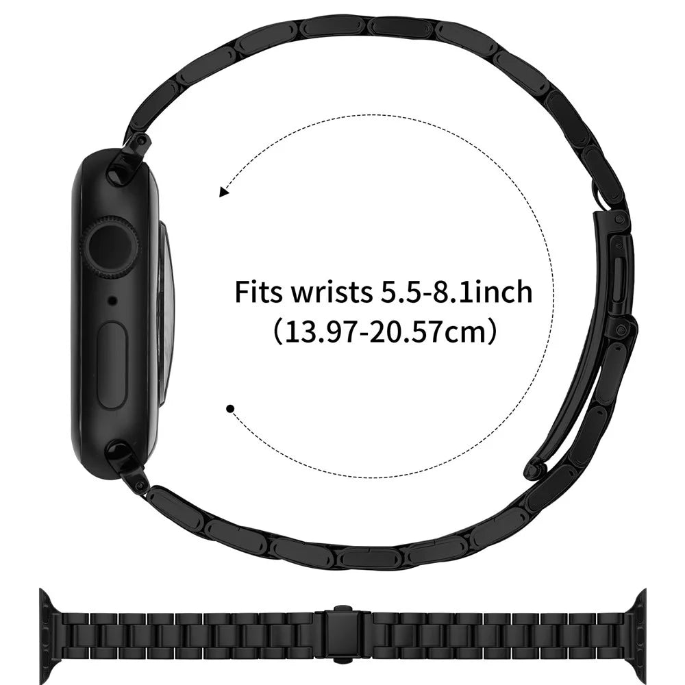 Watch Strap for Apple Watch Ultra 3 2 1 49mm / Series 11 10 46mm / 9 8 7 45mm / SE3 SE2 SE 6 5 4 44mm / 3 2 1 42mm Stainless Steel Three-bead Band with Folding Clasp - Black - 6