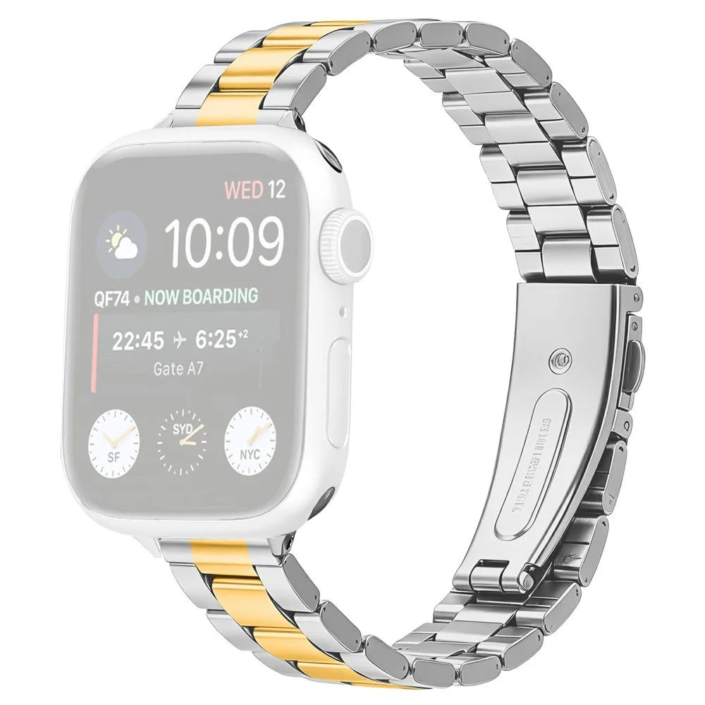 Metal Watch Strap for Apple Watch Series 11 10 42mm / 9 8 7 41mm / SE3 SE2 SE 6 5 4 40mm / 3 2 1 38mm Three-bead Stainless Steel Bracelet with Folding Clasp - Silver / Gold - 1