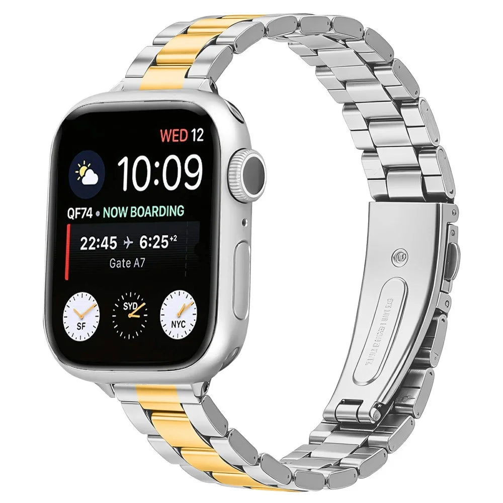 Metal Watch Strap for Apple Watch Series 11 10 42mm / 9 8 7 41mm / SE3 SE2 SE 6 5 4 40mm / 3 2 1 38mm Three-bead Stainless Steel Bracelet with Folding Clasp - Silver / Gold - 2
