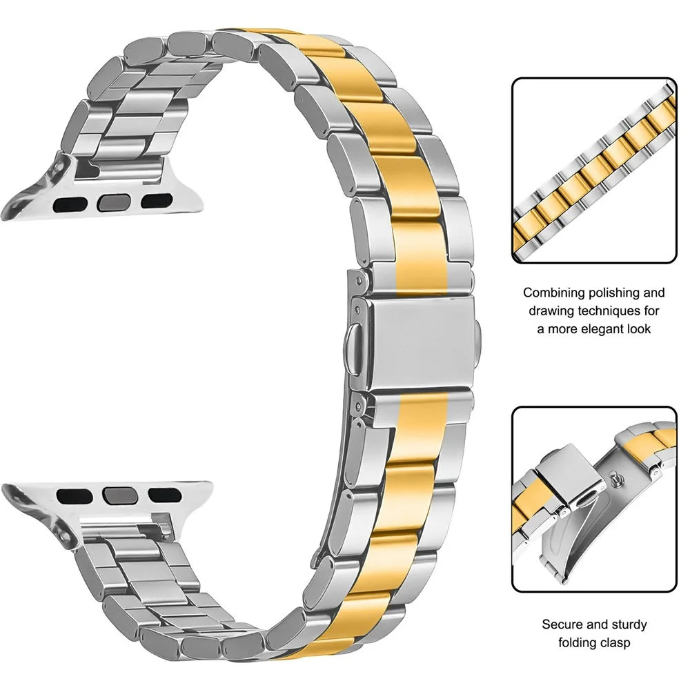 Metal Watch Strap for Apple Watch Series 11 10 42mm / 9 8 7 41mm / SE3 SE2 SE 6 5 4 40mm / 3 2 1 38mm Three-bead Stainless Steel Bracelet with Folding Clasp - Silver / Gold - 3