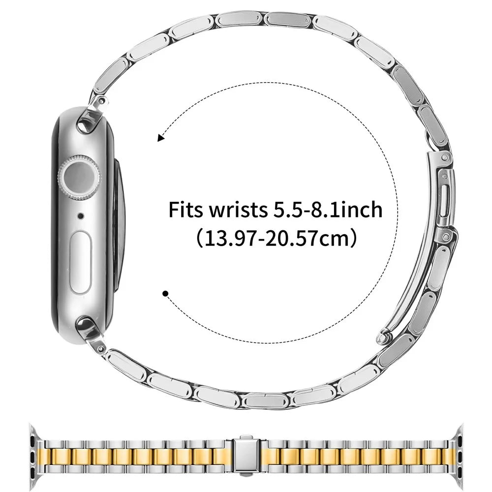 Metal Watch Strap for Apple Watch Ultra 3 2 1 49mm / Series 11 10 46mm / 9 8 7 45mm / SE3 SE2 SE 6 5 4 44mm / 3 2 1 42mm Three-bead Stainless Steel Bracelet with Folding Clasp - Silver / Gold - 6