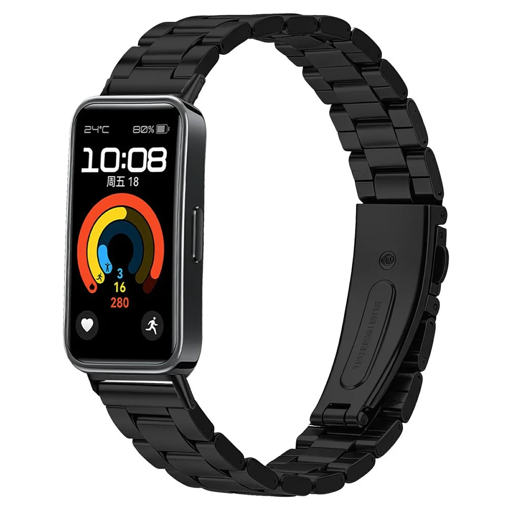 Watch Strap for Huawei Band 10 / 9 / 8 Stainless Steel Three-bead Band with Folding Clasp - Black - 2