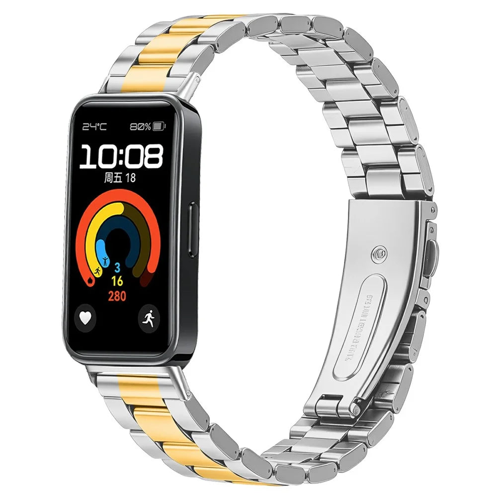 Metal Watch Strap for Huawei Band 10 / 9 / 8 Three-bead Stainless Steel Bracelet with Folding Clasp - Silver / Gold - 2