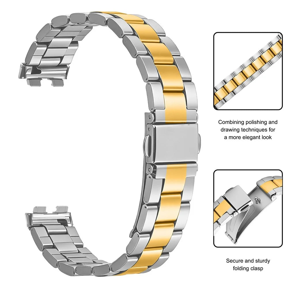 Metal Watch Strap for Huawei Band 10 / 9 / 8 Three-bead Stainless Steel Bracelet with Folding Clasp - Silver / Gold - 3