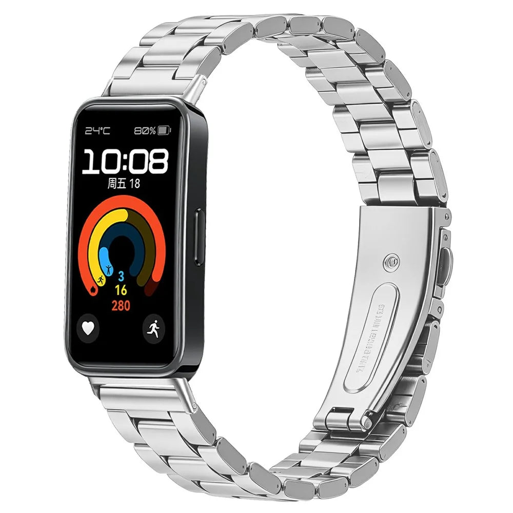 Stainless Steel Band for Huawei Band 10 / 9 / 8 Three-bead Watch Strap with Folding Clasp - Silver - 2