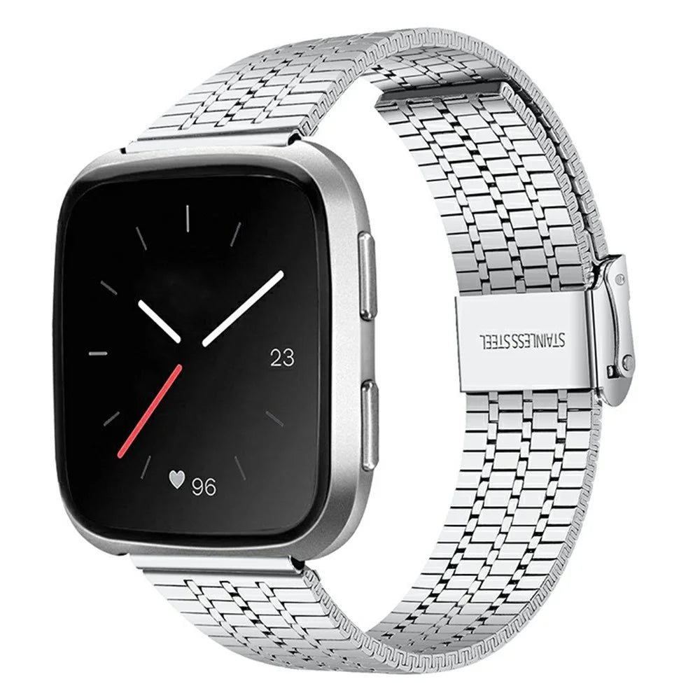 Seven Beads Stainless Steel Replacement Watch Band Dual Buckle Design Wrist Strap for Fitbit Versa/Versa 2/Versa Lite - Silver - 2