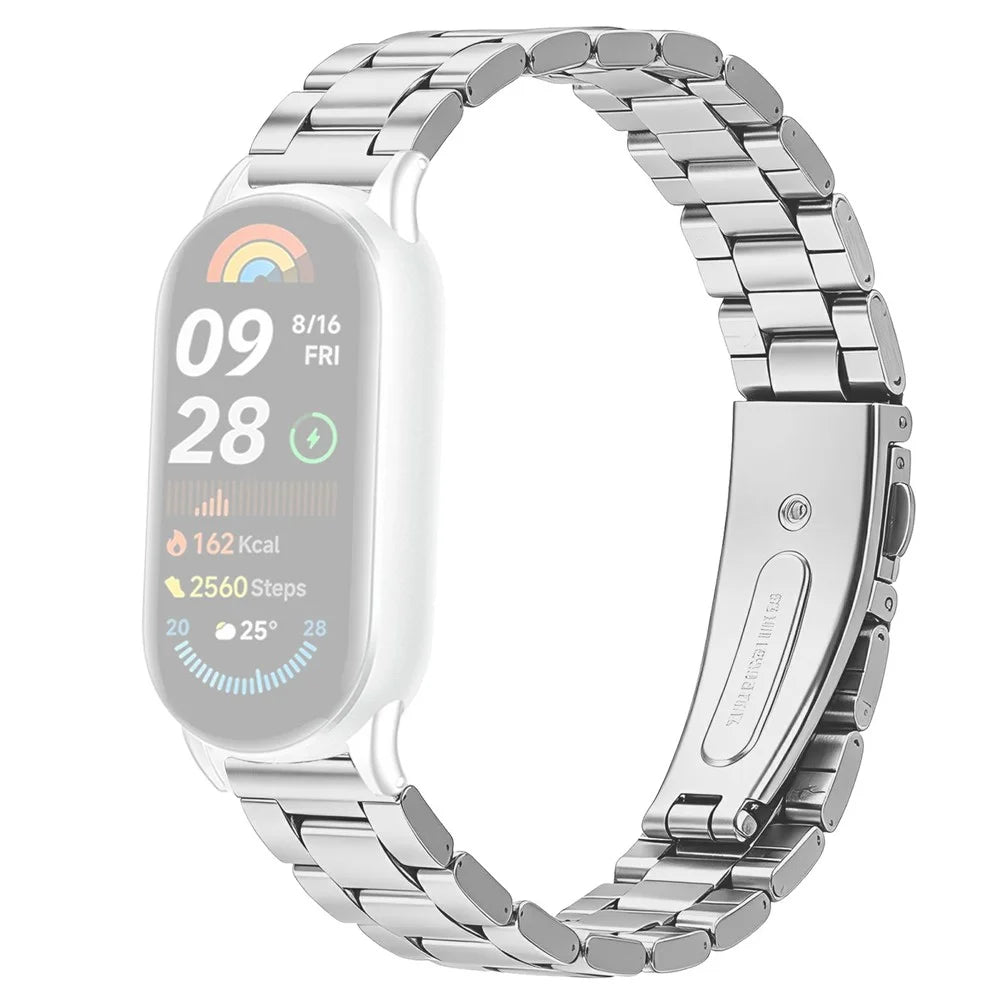 Stainless Steel Band for Xiaomi Smart Band 10 / 9 / 8 Three-bead Watch Strap with Folding Clasp - Silver - 1