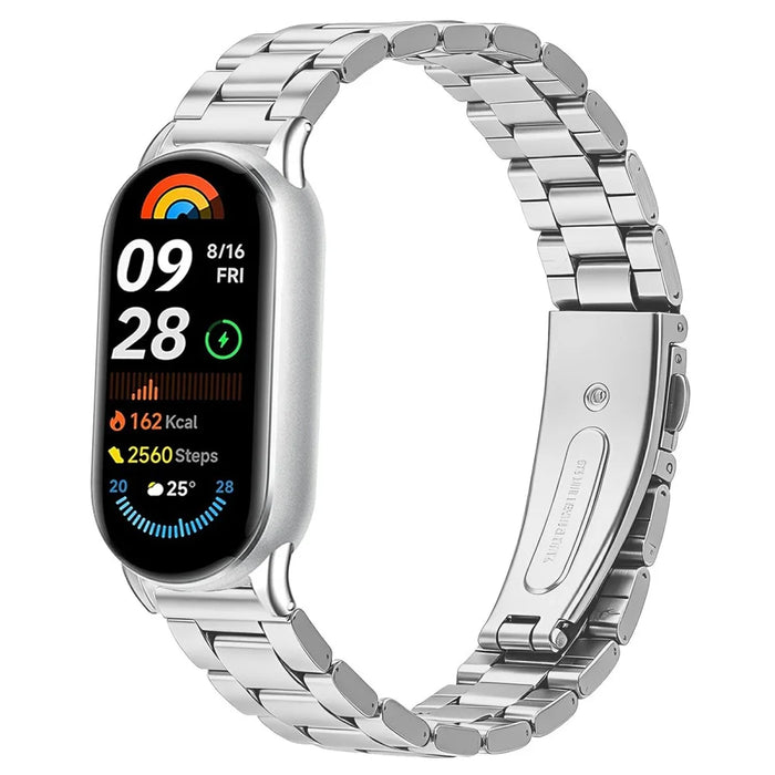 Stainless Steel Band for Xiaomi Smart Band 10 / 9 / 8 Three-bead Watch Strap with Folding Clasp - Silver - 2