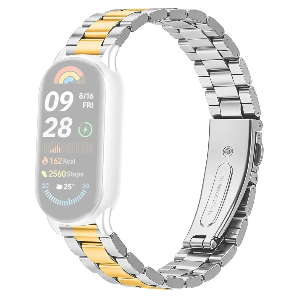 Metal Watch Strap for Xiaomi Smart Band 10 / 9 / 8 Three-bead Stainless Steel Bracelet with Folding Clasp - Silver / Gold - 1