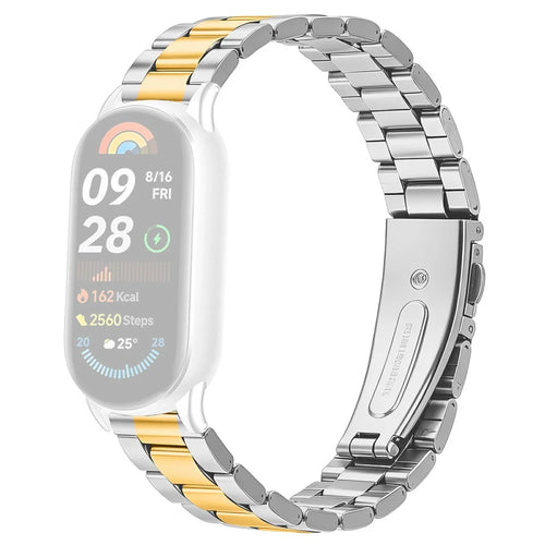 Metal Watch Strap for Xiaomi Smart Band 10 / 9 / 8 Three-bead Stainless Steel Bracelet with Folding Clasp - Silver / Gold - 1