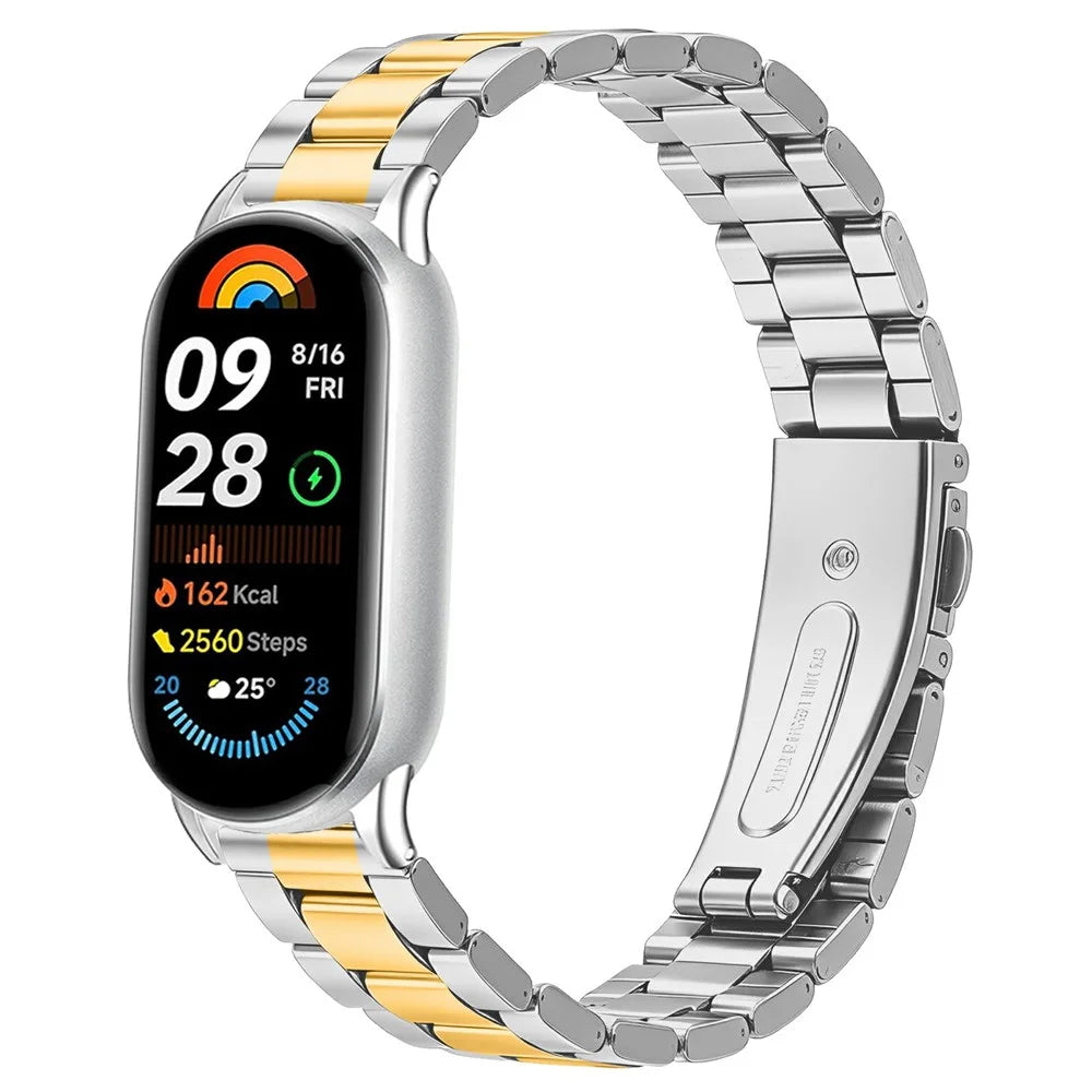 Metal Watch Strap for Xiaomi Smart Band 10 / 9 / 8 Three-bead Stainless Steel Bracelet with Folding Clasp - Silver / Gold - 2