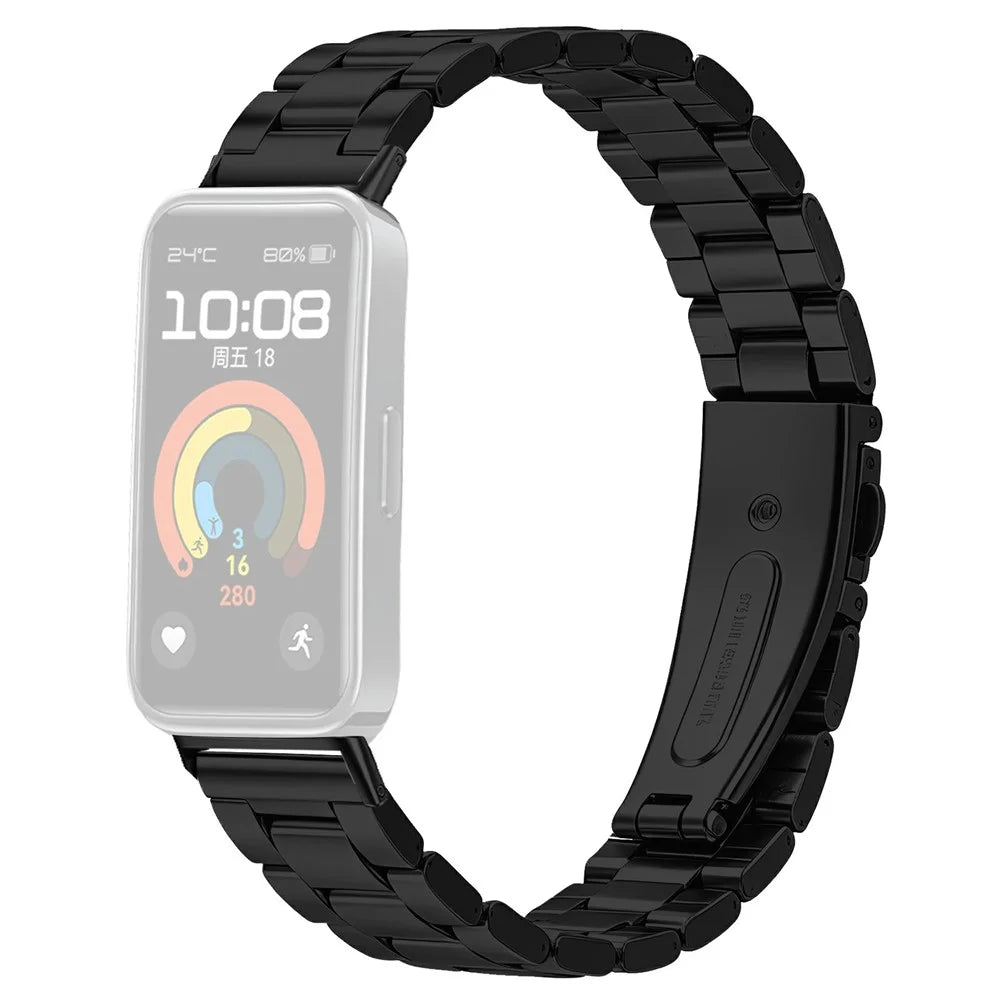 For Huawei Band 11 / 11 Pro Watch Strap Stainless Steel Three-bead Band with Folding Clasp - Black - 1