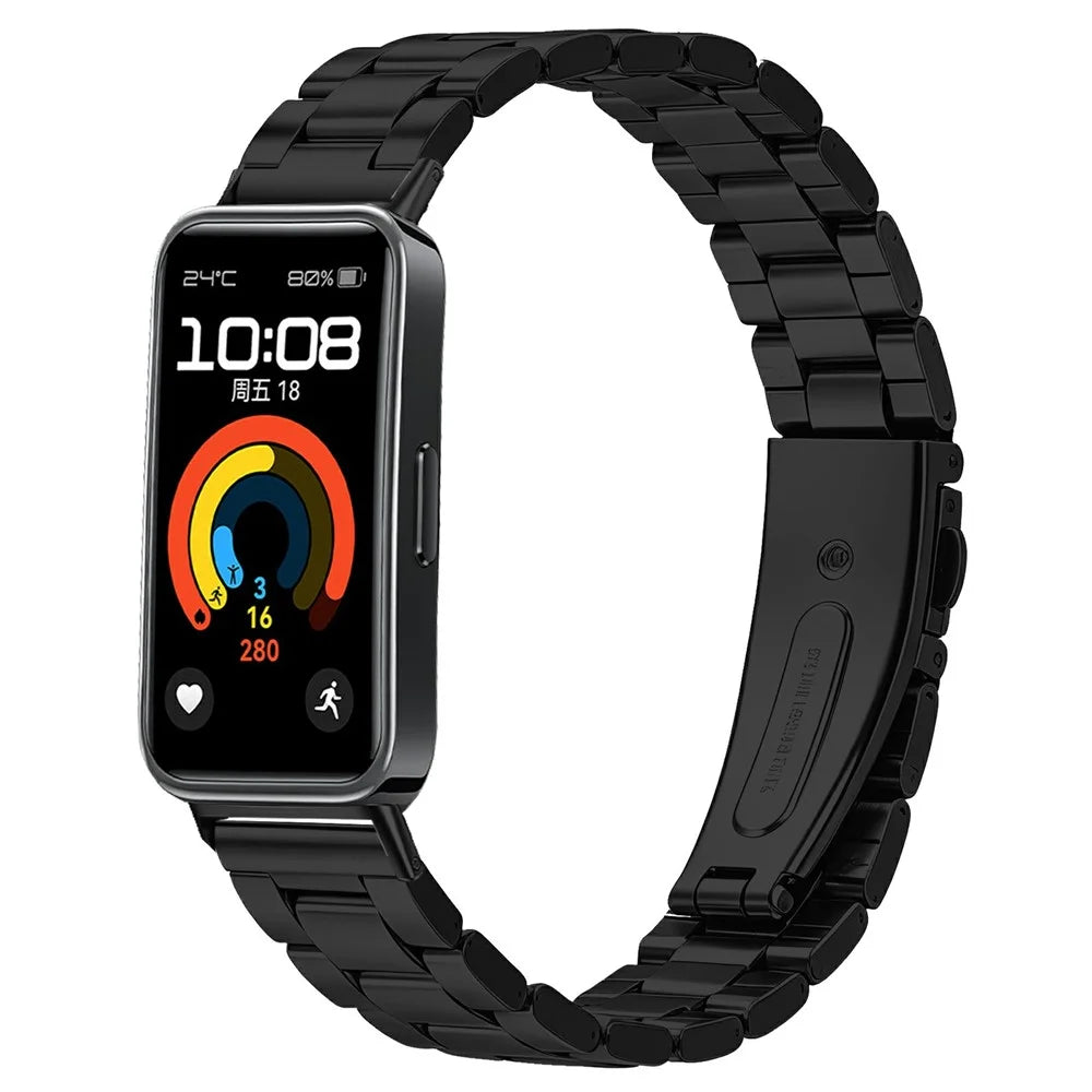 For Huawei Band 11 / 11 Pro Watch Strap Stainless Steel Three-bead Band with Folding Clasp - Black - 2