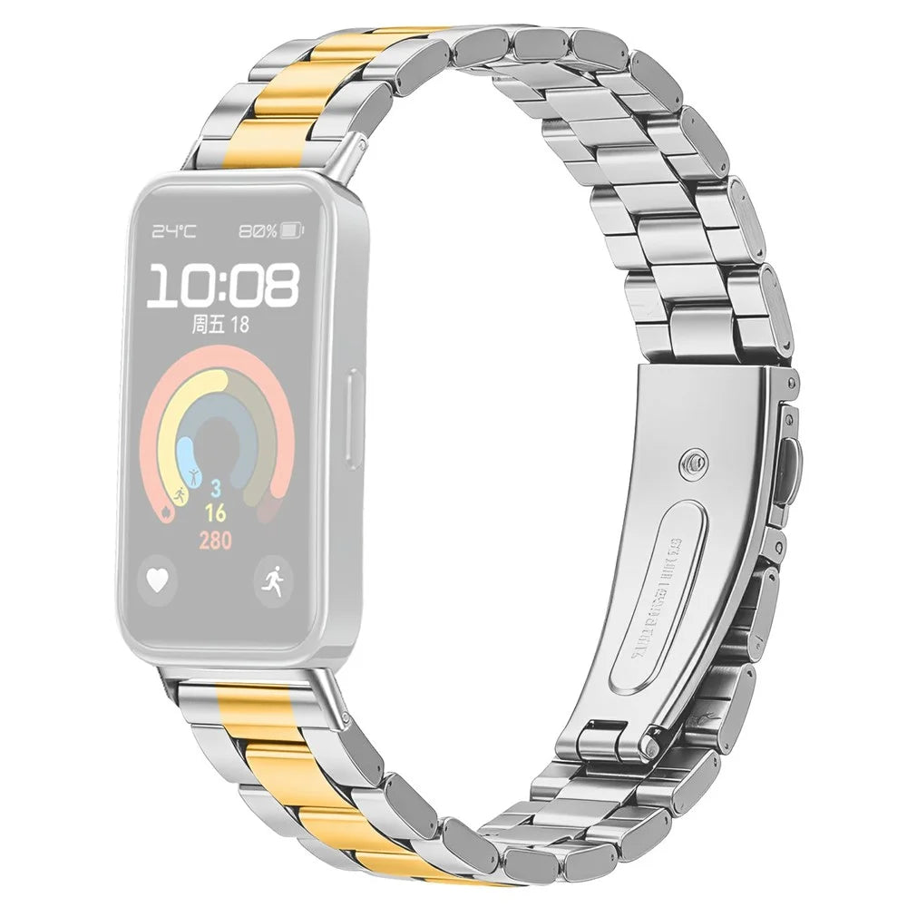 For Huawei Band 11 / 11 Pro Metal Watch Strap Three-bead Stainless Steel Bracelet with Folding Clasp - Silver / Gold - 1