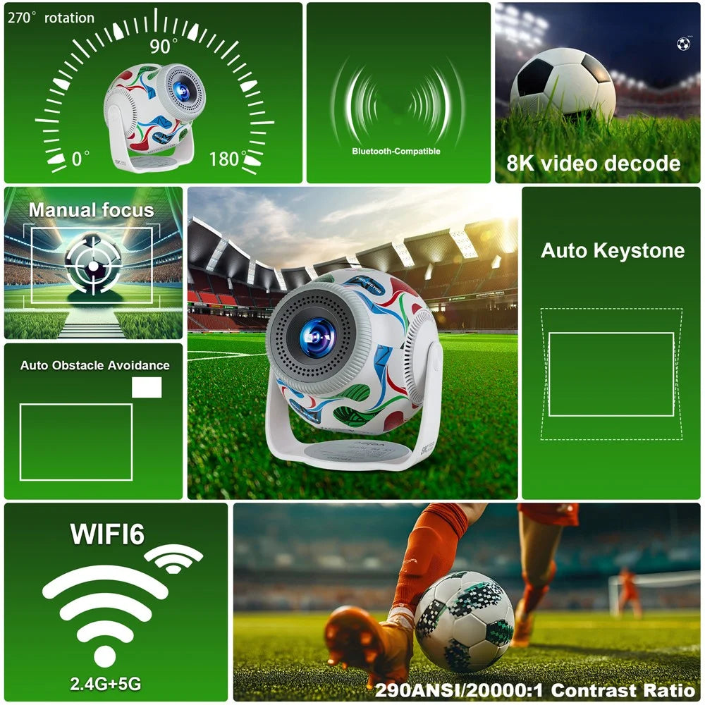 TP360 Football Design Mini Smart Projector Android 14.0 WiFi 6 Bluetooth-compatible 5.4 270 Degree Rotate for Home Outdoor - US Plug - 3