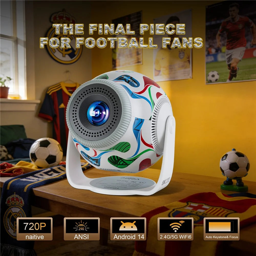 TP360 Football Design Mini Smart Projector Android 14.0 WiFi 6 Bluetooth-compatible 5.4 270 Degree Rotate for Home Outdoor - US Plug - 7