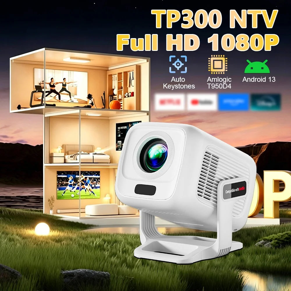 TP300 NTV 1080P Projector Android 13 Amlogic T950D4 Chip Netflix Compatible WiFi6 for Home Theater - White / US Plug - 2