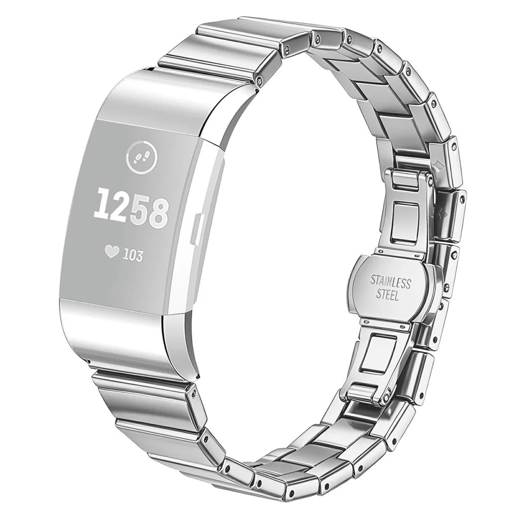 For Fitbit Charge 2 Strap One-bead Stainless Steel Watch Band with Butterfly Buckle - Silver - 1