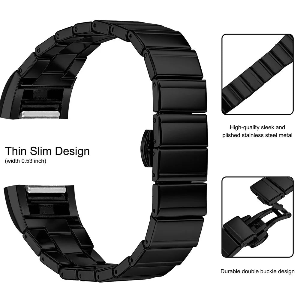 For Fitbit Charge 2 Watch Band One-bead Stainless Steel Smart Watch Bracelet with Butterfly Buckle - Black - 3
