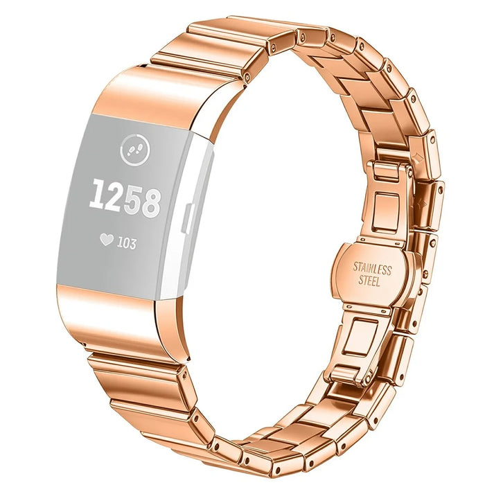 For Fitbit Charge 2 Strap One-bead Stainless Steel Replacement Metal Watch Band with Butterfly Buckle - Rose Gold - 1